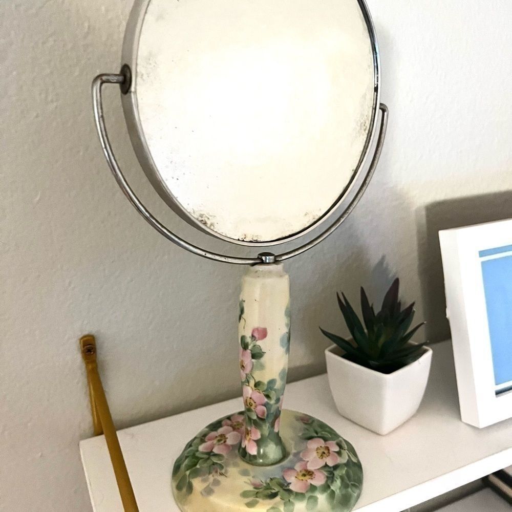 Vintage hand painted mirror white with green and pink 1970s - Picture 2 of 5